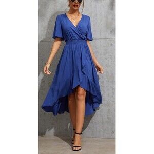 Kormei Short Sleeve Blue High Low V-Neck Flowy Party Long Maxi Dress Size Medium